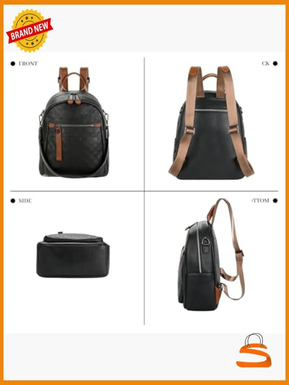 Genuine Leather Backpack Checkerboard Pattern Convertible Shoulder Bag Daypack